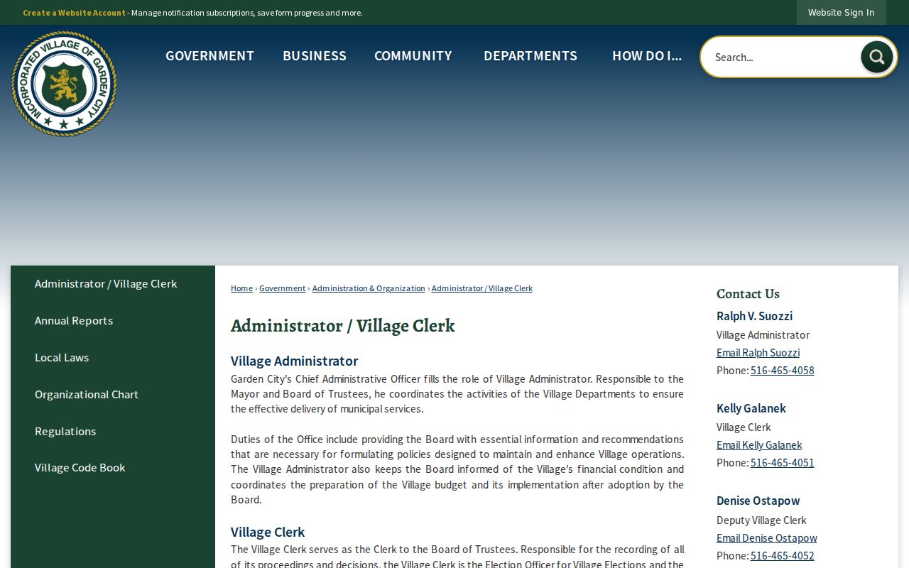 Garden City residents directory Village Clerk municipal records contact page