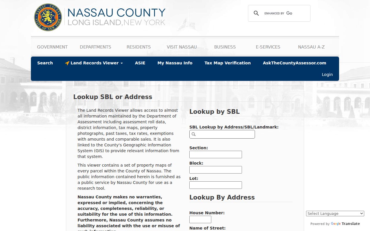 Garden City residents directory Nassau Land Records Viewer address and SBL search controls
